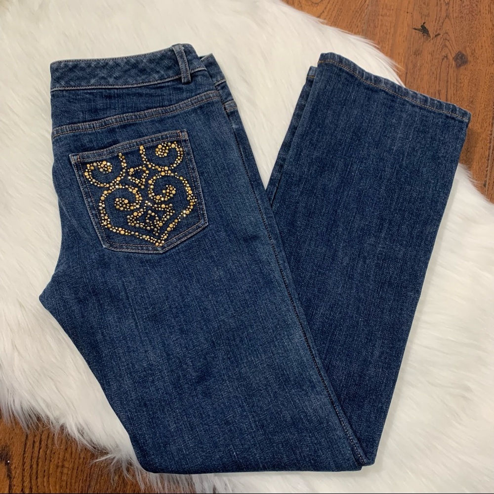 St. John Straight Jeans w/ Embellished Pocket.